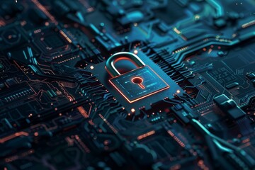 A digital padlock sits center stage on a printed circuit board design, highlighting cybersecurity in a futuristic technological landscape