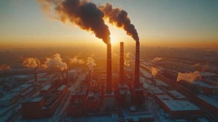 Fototapeta premium Industrial pollution at sunset, aerial view.