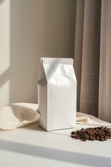 a clean white mockup of a coffee packaging, white background, studio enviroment.