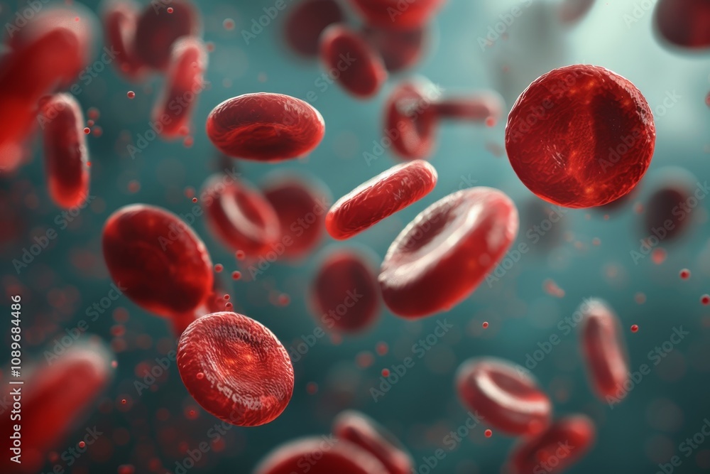 Poster dynamic visualization of red blood cells flowing in a bloodstream under a microscopic view, highligh