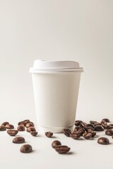 a clean white mockup of a coffee packaging, white background, studio enviroment.
