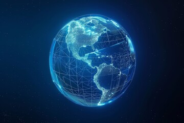 Naklejka premium A digital representation of Earth showcasing interconnected networks and vibrant data points in a cosmic space background