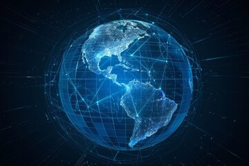 Obraz premium A digital representation of Earth showcasing the Americas with a blue and green color scheme amidst a network of connections