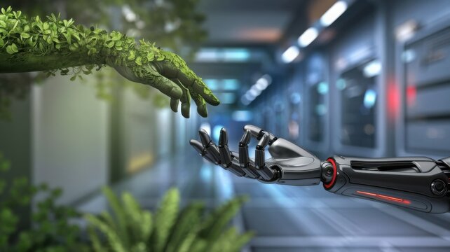 Green technology conceptual design, human arm covered with grass and lush and robotic hand, 3d render