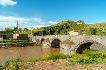 Magnificent photo of Kars River flowing under the Stone Bridge. Kars, Turkey.