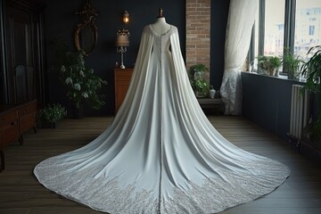 White wedding dress with cape on mannequin