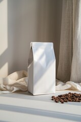 a clean white mockup of a coffee packaging, white background, studio enviroment.