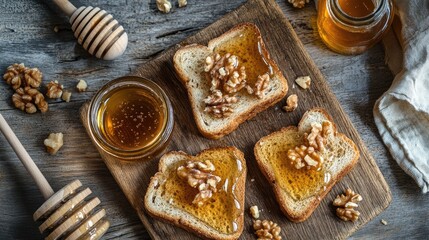 Fototapeta premium Delicious Sweet Toast Topped with Honey and Walnuts on a Rustic Wooden Board, Perfect for Breakfast or Snack, Natural Ingredients and Cozy Atmosphere