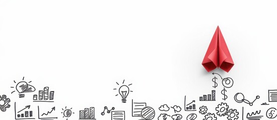 Red paper plane and business strategy on white background, Business success, innovation and solution concept, copy space