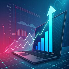 Naklejka premium A futuristic laptop with glowing graphs and upward arrows on its screen, symbolizing growth and success in data analytics, surrounded by a digital financial interface in neon tones.