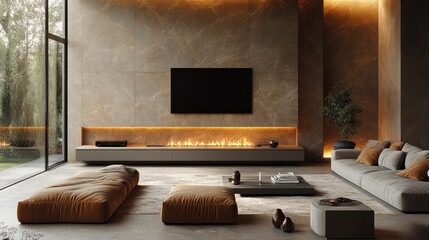 Modern living room with fireplace, large windows, and minimalist furniture.