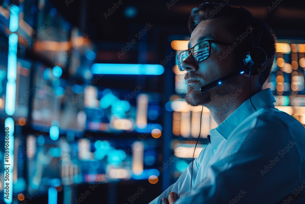 Poster a professional engaged in monitoring data analytics in a high-tech control room during the night shi