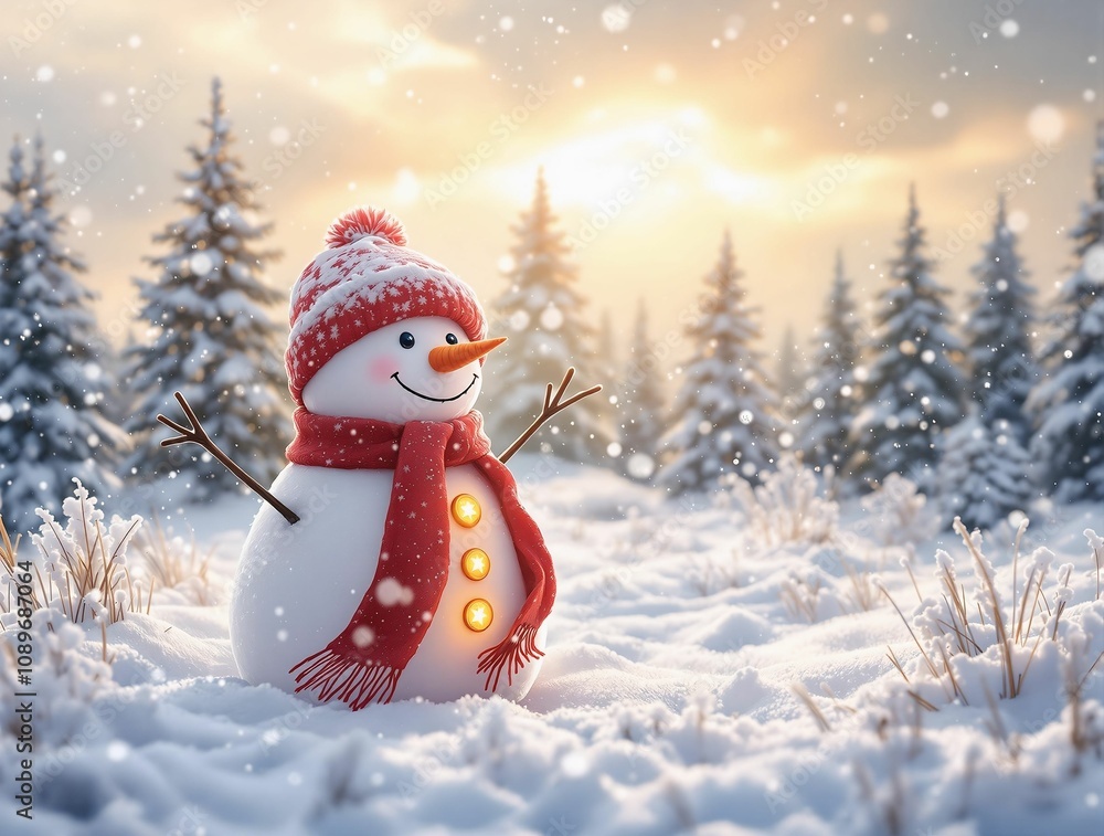 Poster a snowman with a red scarf and glowing buttons, standing in a snowy meadow surrounded by evergreen t