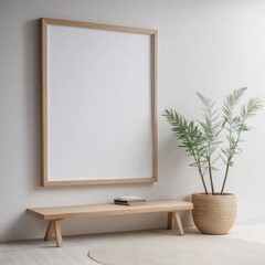 minimlaistic room with a empty picture frame, empty frame hanging on white wall, empty wooden frame seen from a side perspective