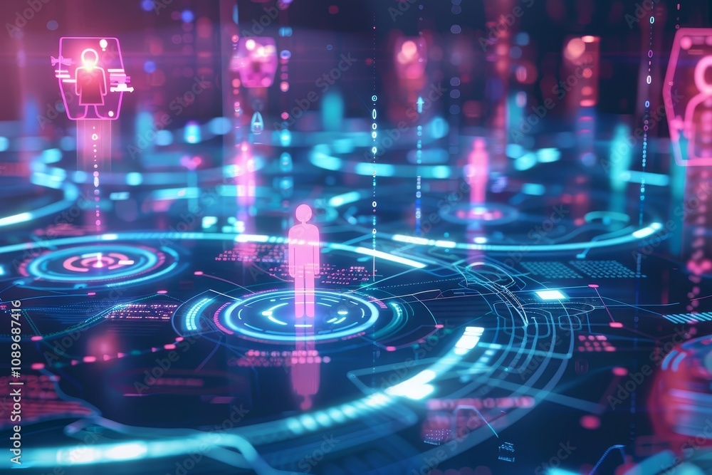Poster futuristic digital landscape depicting interconnected holograms and data streams in a high-tech envi