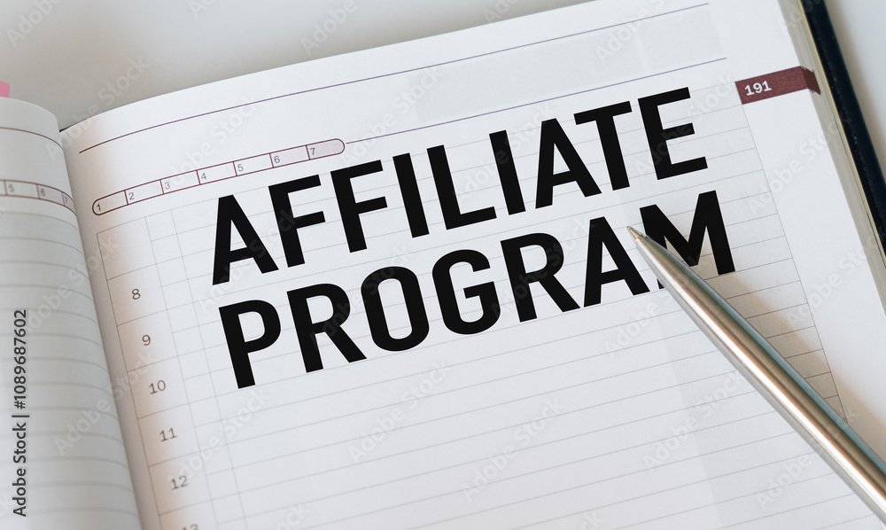 Poster affiliate program text on notepad, concept background