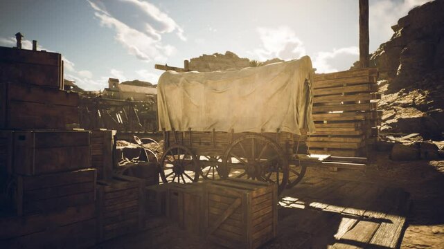A weathered wagon covered with a canvas sits beside stacked wooden crates in an old western setting during the golden hour, evoking the spirit of pioneer life and adventure.