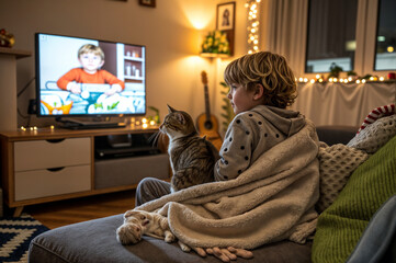 child and cat watching TV