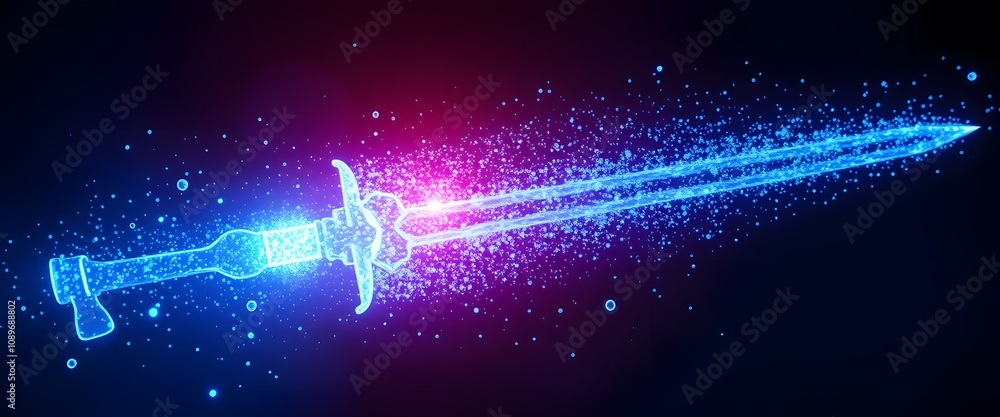 Poster A Captivating Display of a Sword Dissolving into Glowing Particles Ideal for Fantasy and Action Artworks