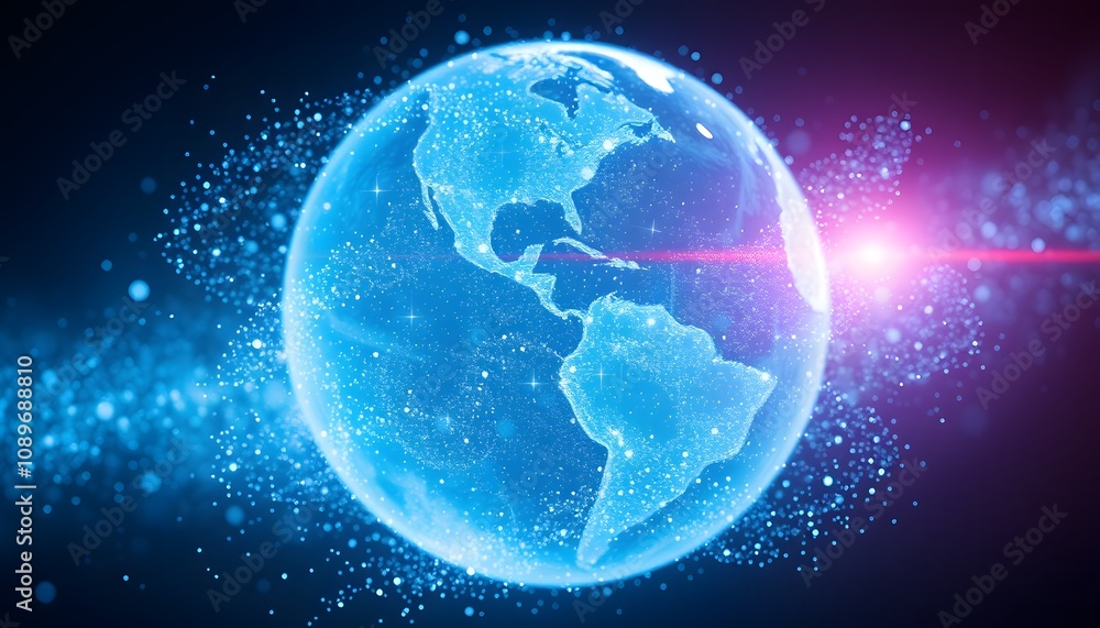 Poster a vibrant planet gradually dissolving into ethereal particles with glowing effects, perfect for scie