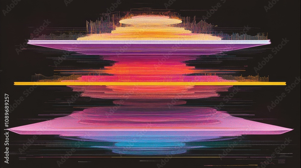 Poster abstract colorful visualization of sound waves and frequencies creating a dynamic layered landscape 