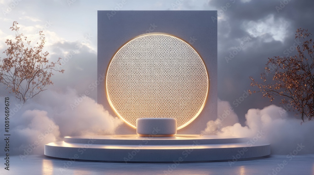 Poster illuminated podium with textured circle backdrop.