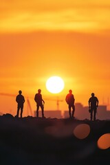 Silhouette of engineer and construction team working at site over blurred background sunset pastel for industry background with light fair.