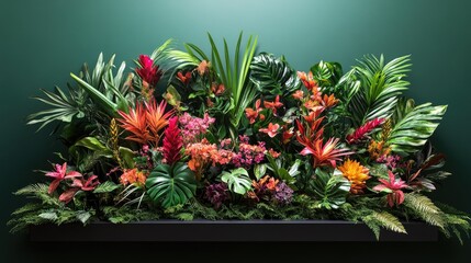 Fototapeta premium Lush tropical foliage arrangement on dark shelf against green wall.