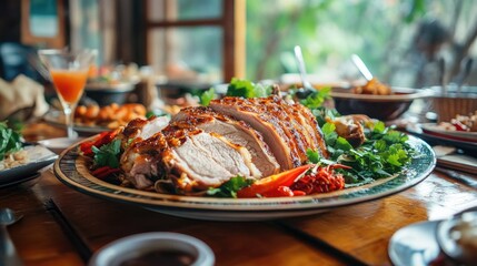 Mouthwatering Roast Turkey on a Festive Table Surrounded by Fresh Herbs, Colorful Vegetables, and Delicious Sides in a Cozy Dining Space