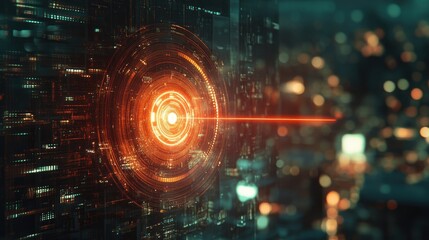 Futuristic digital interface with glowing orange core and red laser beam.