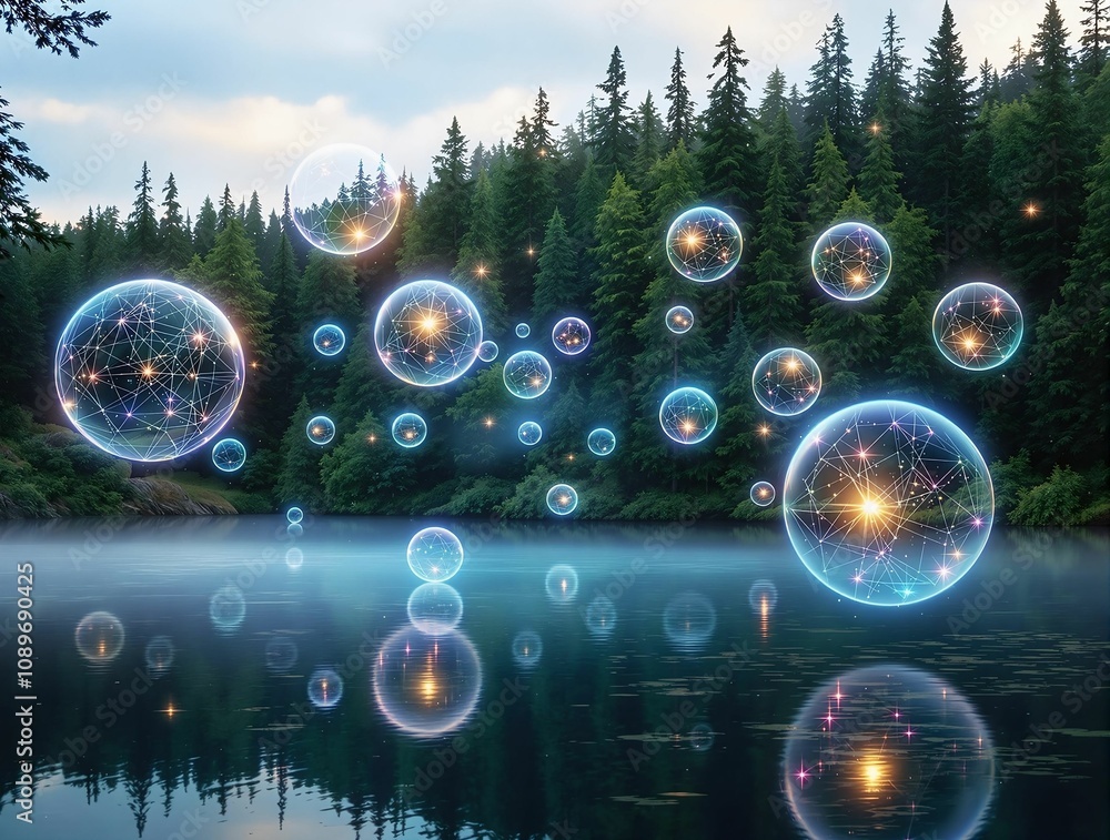 Poster magical glowing orbs floating above a reflective lake, surrounded by dense forest trees