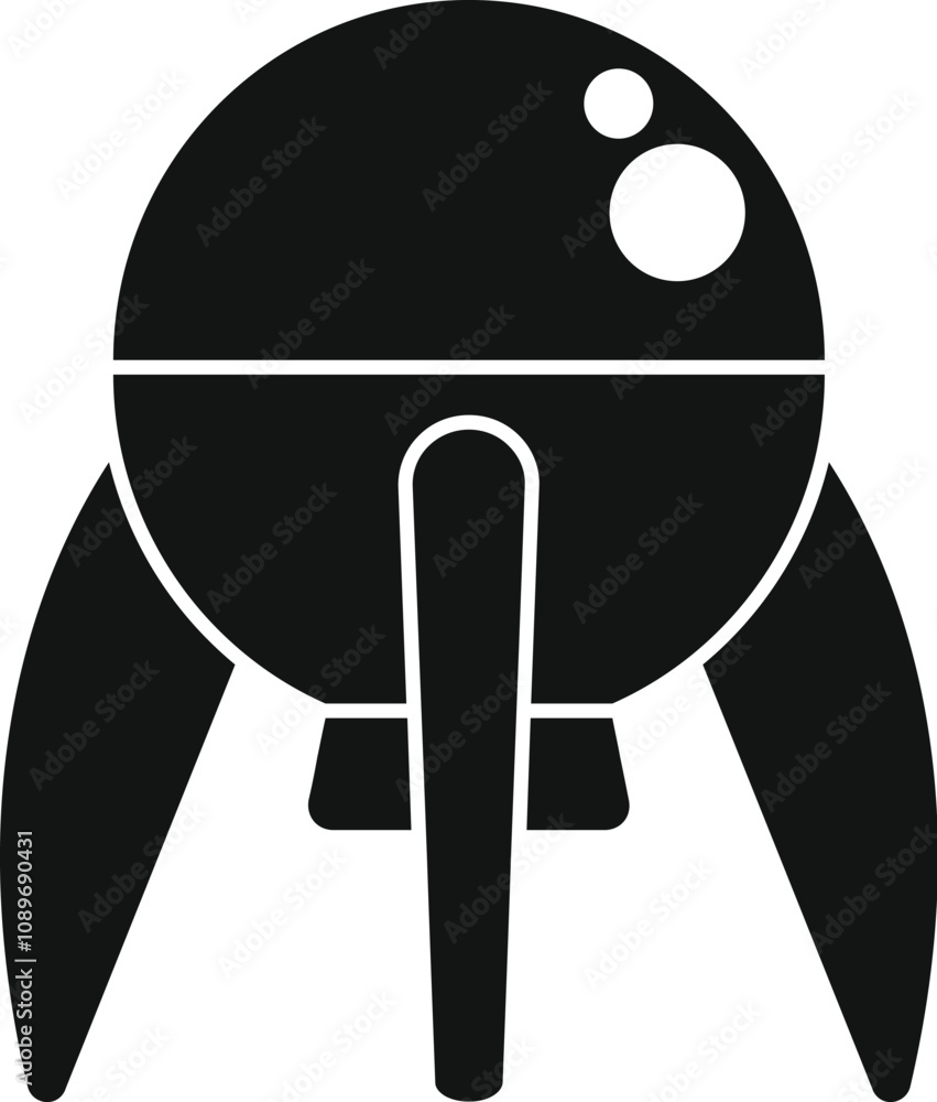 Poster simple black and white icon of a round spaceship ready to launch into the vast expanse of space