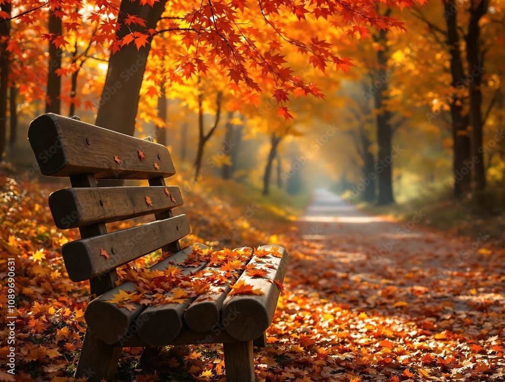Aufkleber a rustic wooden bench covered in autumn leaves, placed under a canopy of fiery red and yellow trees,