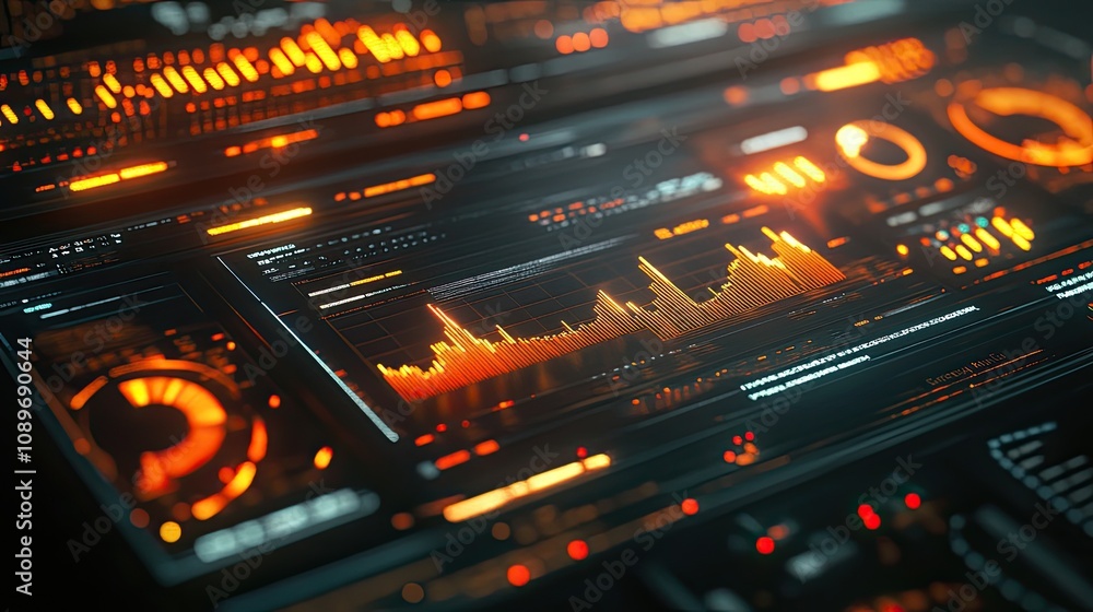 Poster futuristic digital dashboard displaying graphs, charts, and data analysis.