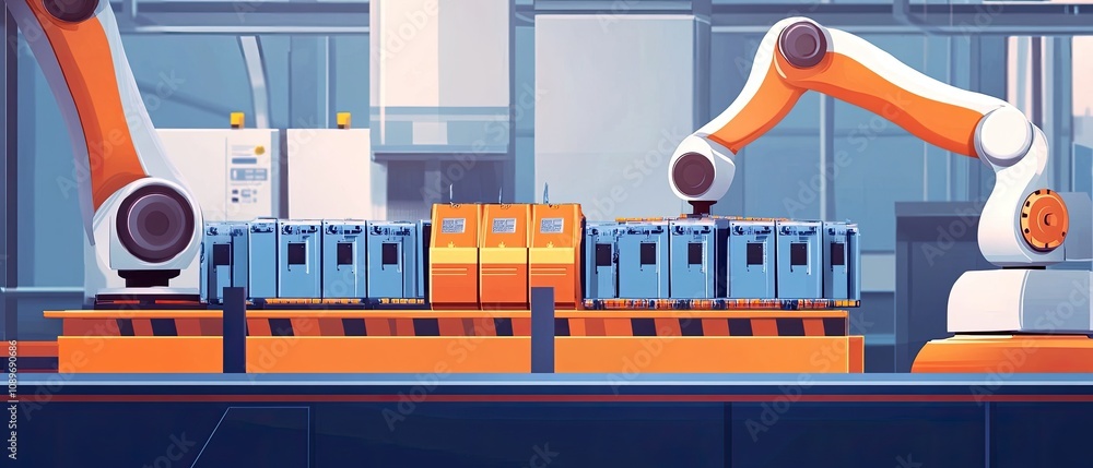 Aufkleber robotic arms assembling boxes on a factory production line.