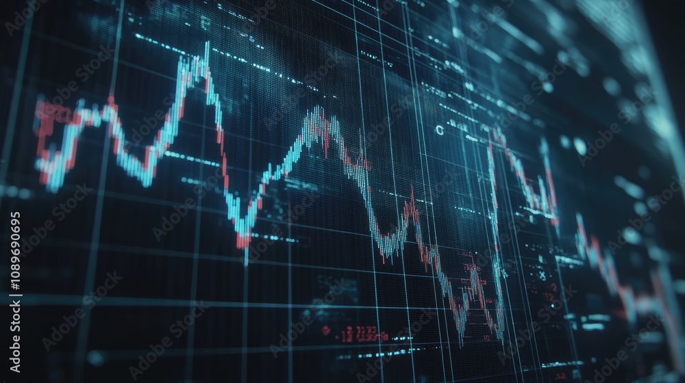 Poster stock market data displayed on a digital screen showing fluctuating graphs and numbers.