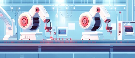 Obraz premium Industrial robotic arms on assembly line in factory.