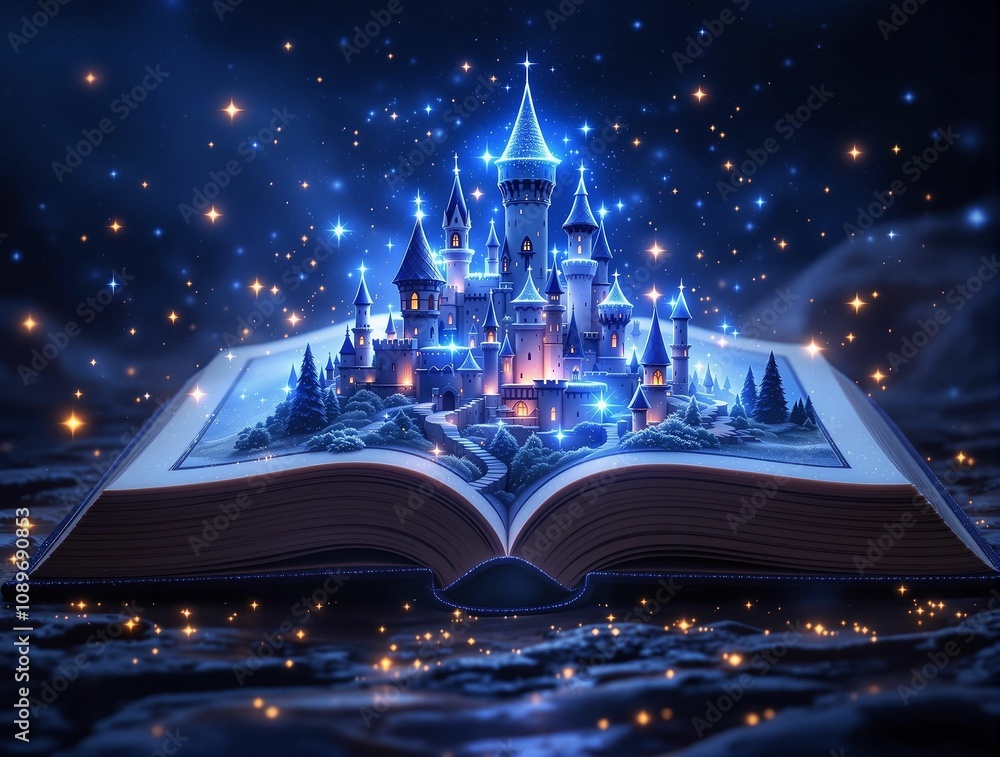 Poster open enchanted book with miniature castles rising from its pages, surrounded by glowing magical part