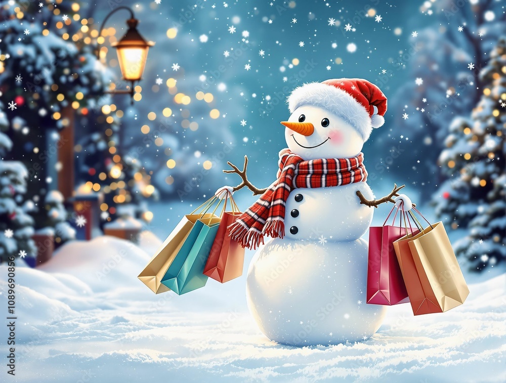 Poster a snowman with a red scarf and glowing buttons, standing in a snowy meadow surrounded by evergreen t