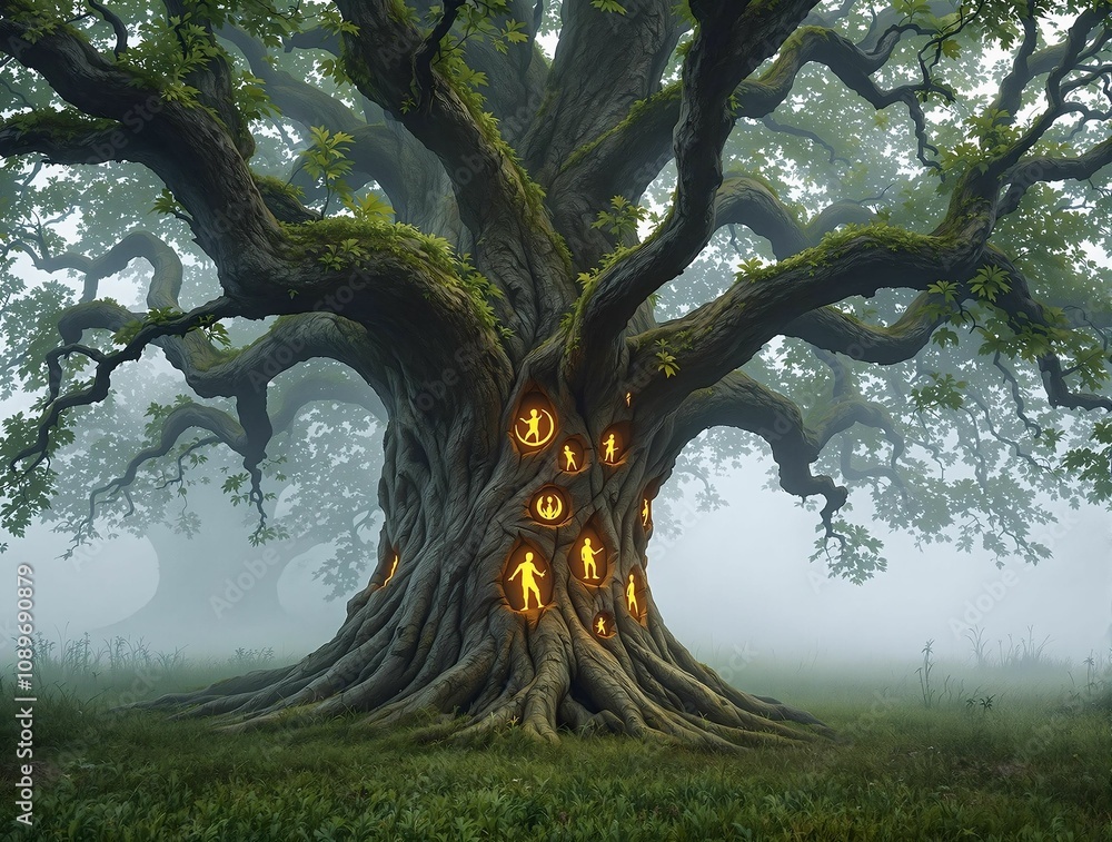 Aufkleber an ancient oak tree with glowing carvings on its trunk, standing in the middle of a foggy meadow