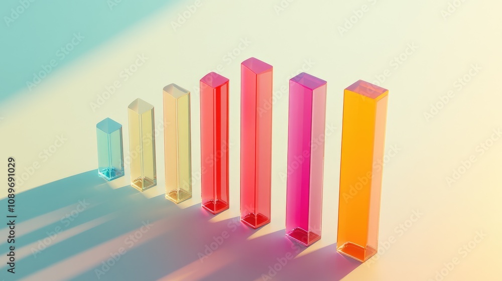 Poster colorful transparent bars increasing in height on soft background, representing growth, progress, an