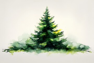 Watercolor painting of a green Christmas tree on a white background