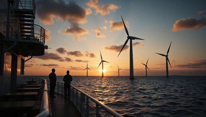 Silhouetted workers on a ship deck oversee sunset-lit wind turbines, embodying a blend of technology and nature's beauty over the ocean.