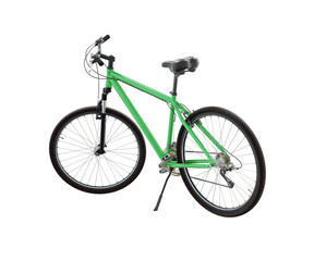 Fototapeta premium Green bicycle standing while leaning on kickstand, side back view. Bike resting on kick stand. Png clipart isolated on transparent background
