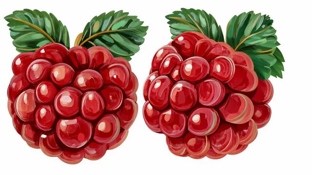 Two ripe raspberries with vibrant green leaves are shown against a white background
