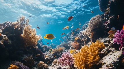 Naklejka premium Vibrant coral reef teeming with diverse fish in sunlit ocean water.