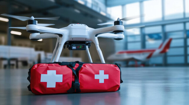Innovative Drone Medical Transport in Modern Airport Hangar Setting - Powered by Adobe
