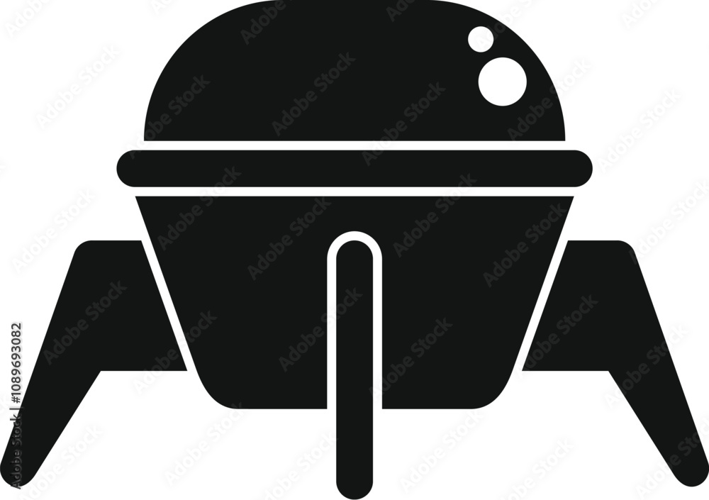 Poster black and white vector icon of a small, rounded spacecraft hovering with its landing legs deployed, 