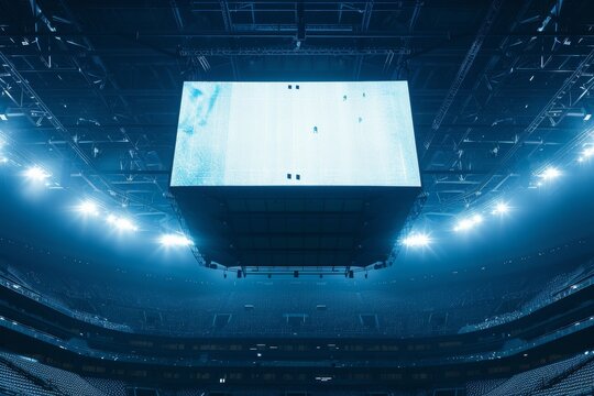 Large overhead scoreboard displaying an exciting sports event in a packed stadium during nighttime