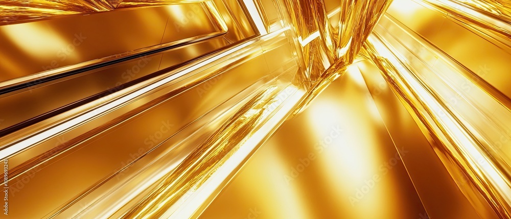 Poster abstract gold geometric background with shiny, reflective surfaces and converging lines creating a d